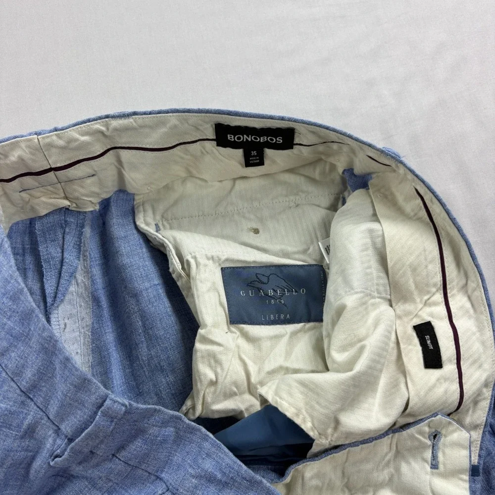 Bonobos Linen Pants Mens 35x30 Blue Chino Guabello Libera Italian Fabric Slim